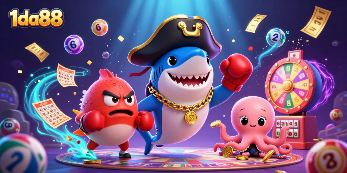 Engage with 1da88's vibrant lottery experience featuring a pirate shark and lively characters.