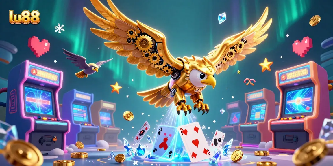 Experience thrilling gameplay at lu88 with a golden eagle soaring through playing cards amidst vibrant gaming elements.