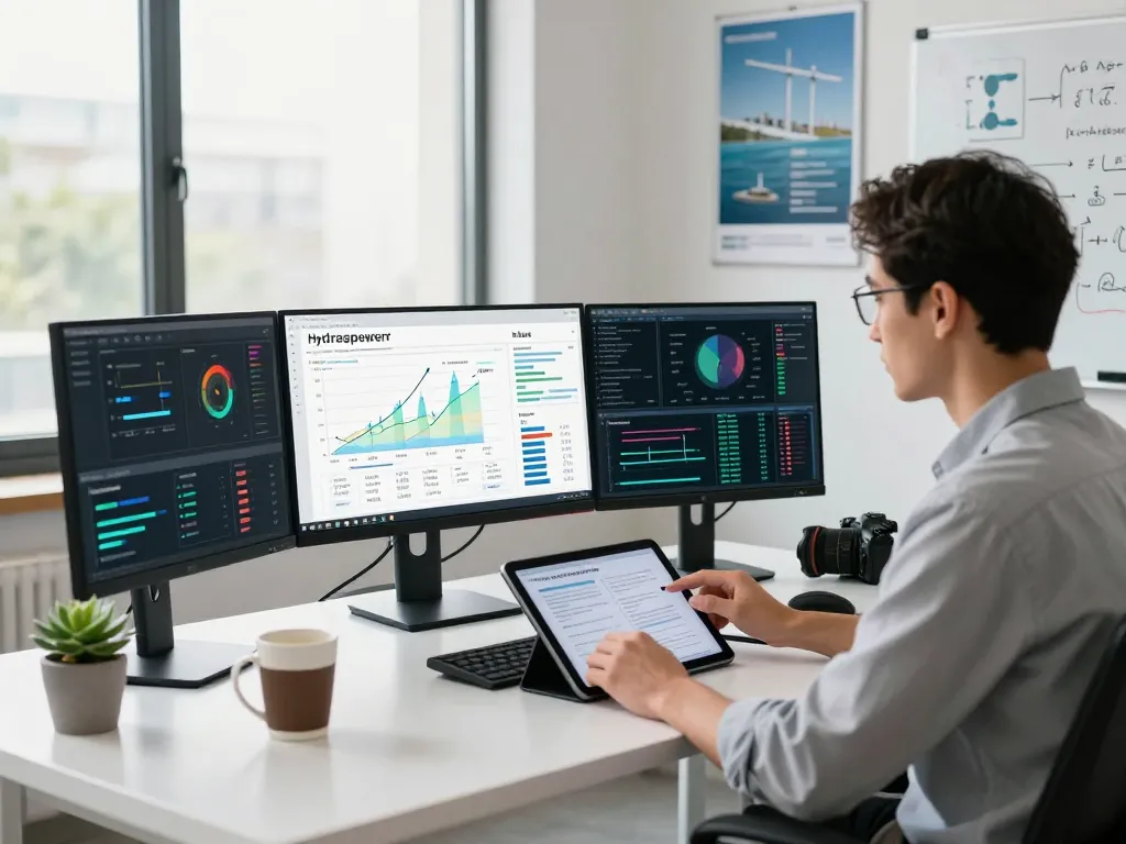 Data analyst using hbet software in a modern workspace with multiple monitors and natural light.