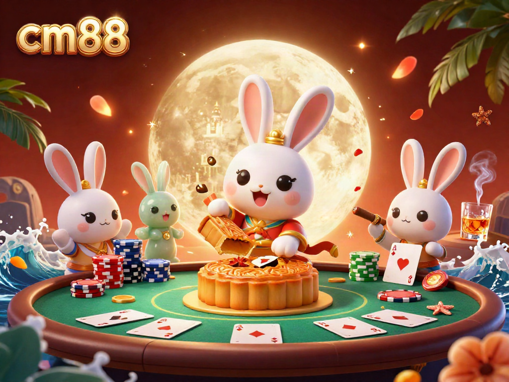 Experience thrilling gameplay at cm88 with a whimsical 3D illustration of a moon rabbit revealing poker chips.