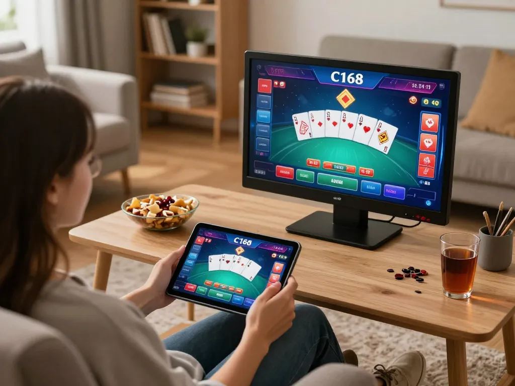 C168 online gaming session with vibrant poker interface on tablet in cozy home setting