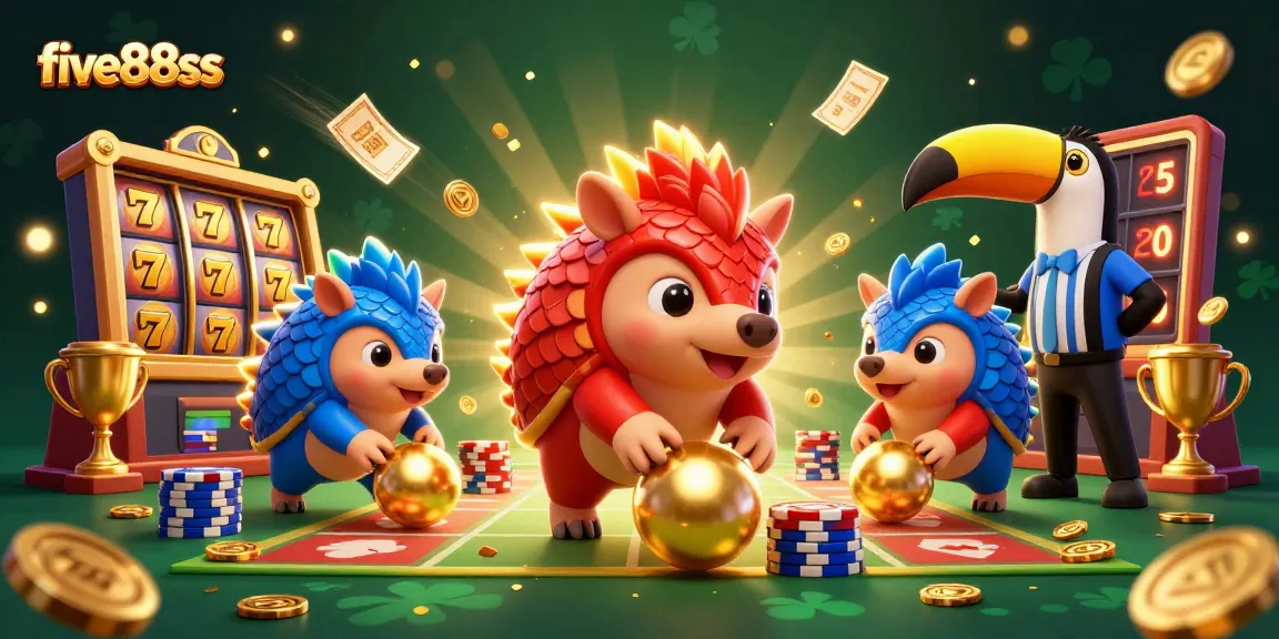 Experience thrilling slots at five88sss with rival pangolins amidst golden jackpots and vibrant casino action.