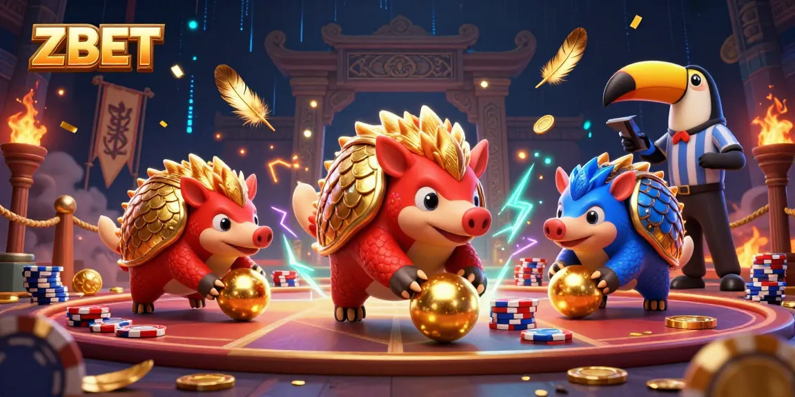 ZBET showcases a vibrant 3D scene of pangolins competing in a casino experience filled with poker chips and gold.