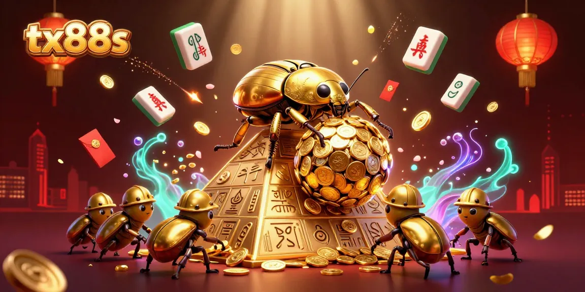 Experience the thrill of tx88s as golden beetles roll coins in a vibrant casino-themed 3D scene.