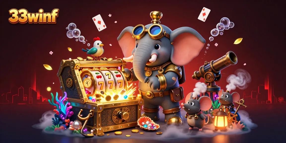 Spin the 33winf slot machine with a steampunk elephant engineer amidst vibrant casino elements.