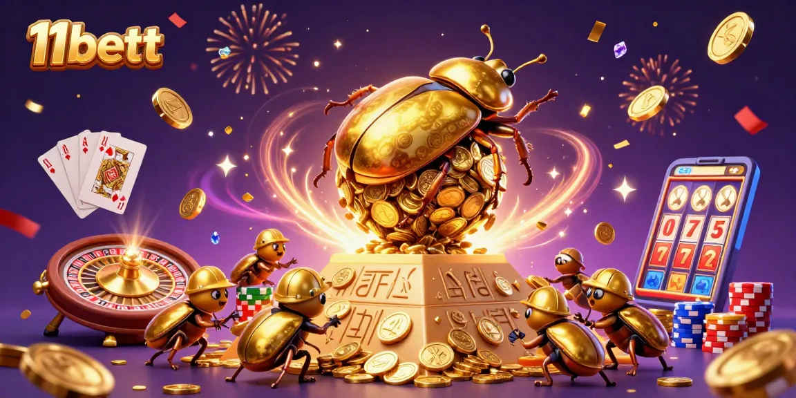Experience thrilling moments with 11bett as the golden dung beetle rolls with riches at an online casino.