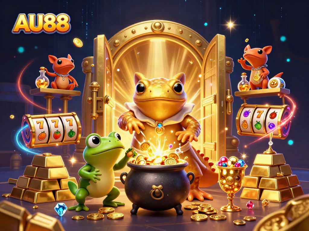 Win big with AU88 in a colorful 3D casino scene featuring gold coins and slot reels.