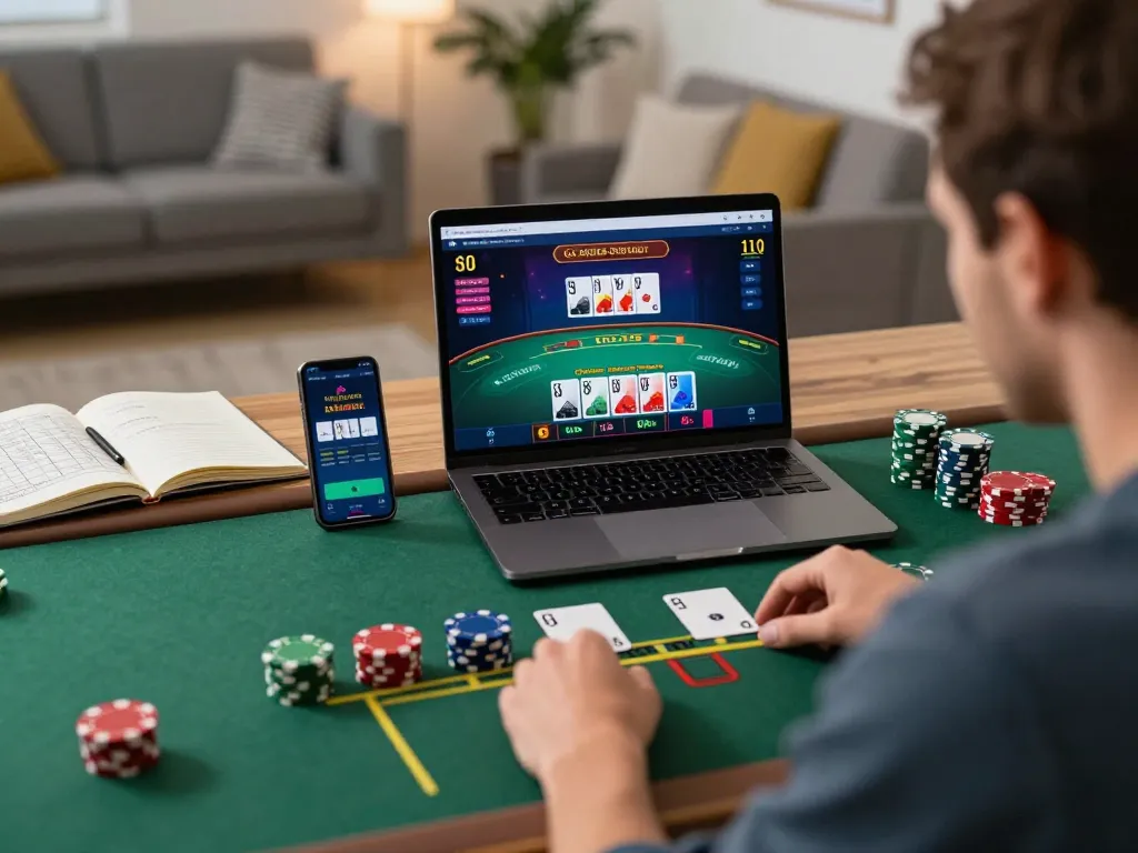 Player engaging with a live dealer game at 33cc.info on a laptop, showcasing strategic gameplay and responsible betting.