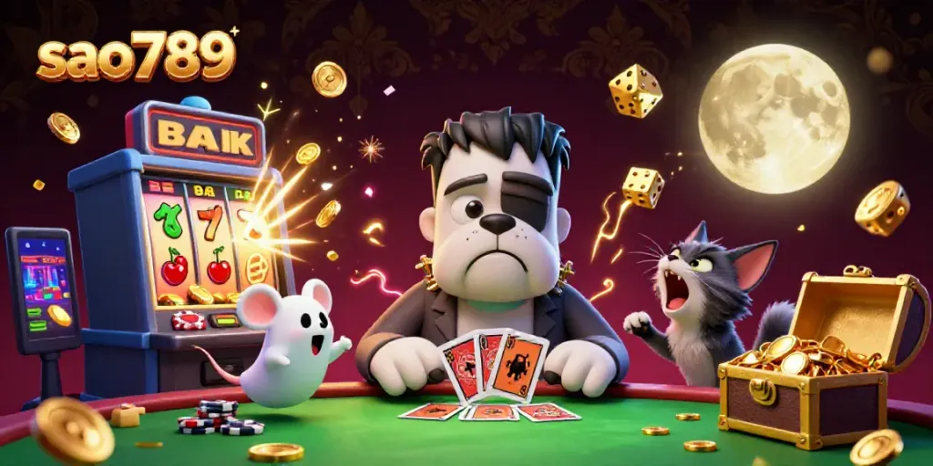 Sao789 engaging in thrilling card games at a lively casino, showcasing vibrant slot machines and festive gold coins.