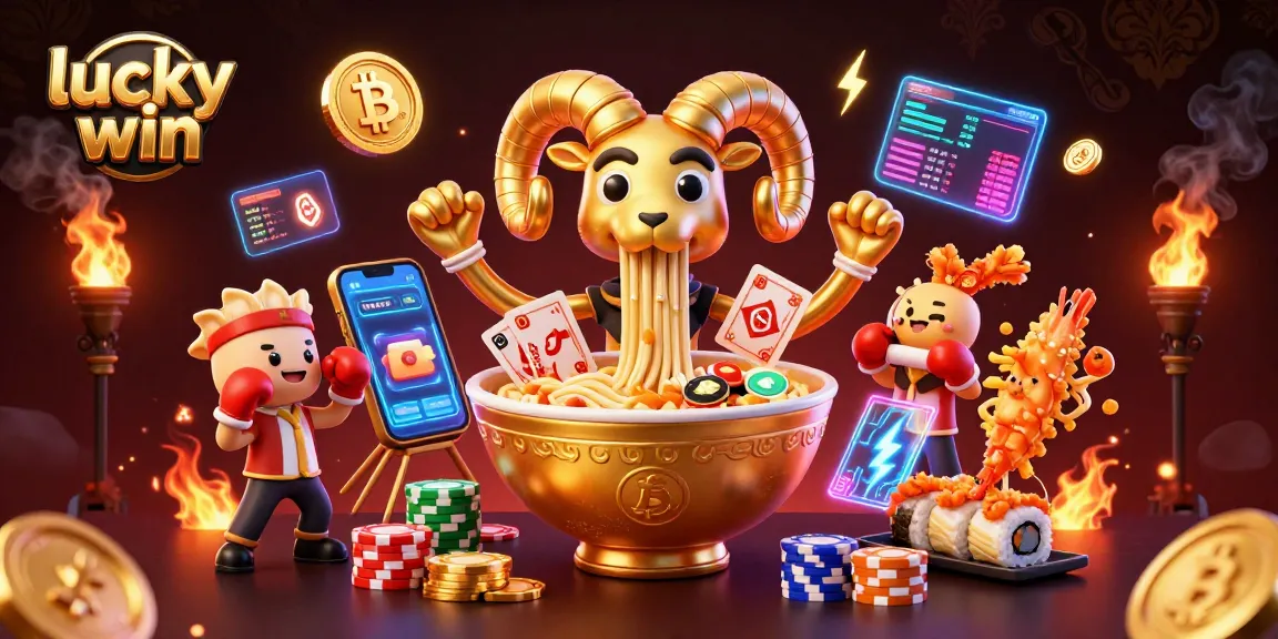 Discover exciting entertainment at lucky win with a dynamic casino illustration featuring animated characters and gaming elements.