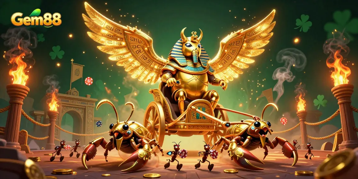Experience Gem88's vibrant casino action with dynamic golden scarab and poker elements.