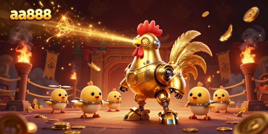 Experience dynamic gaming action with aa888's golden rooster robot and vibrant gameplay elements.