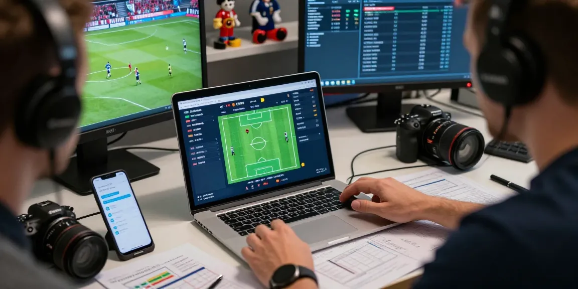 Dynamic scene of giải mã kèo nhà cái analysis with digital bet statistics and a focused sports analyst.