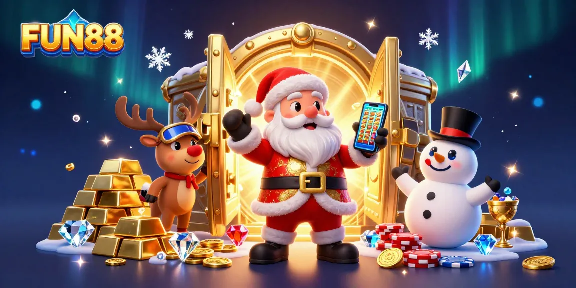Play exciting slots with FUN88's vibrant casino scene featuring Santa and friends!