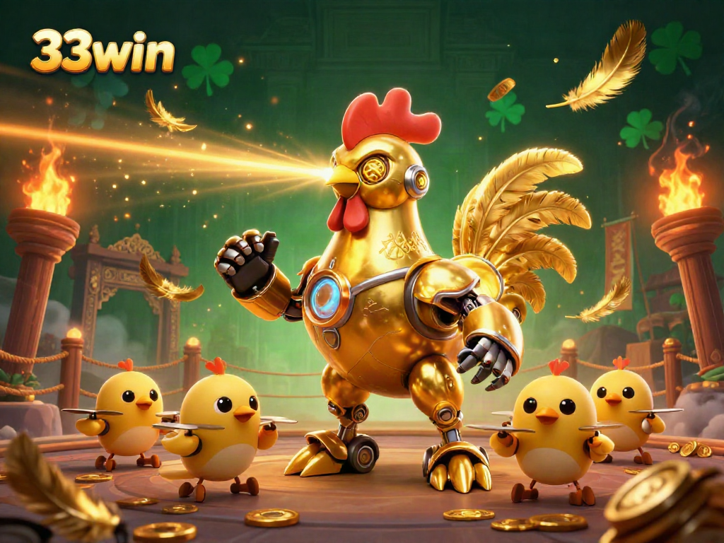 Engage with 33win's thrilling casino atmosphere featuring a golden rooster robot leading fun baby chick drones.