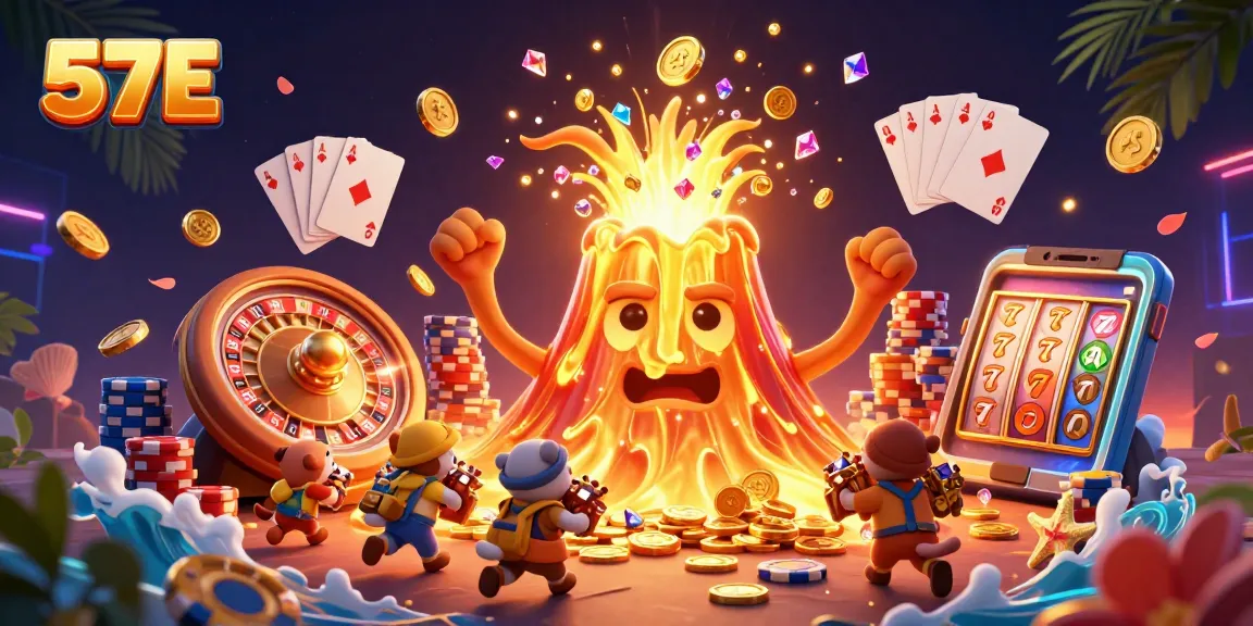 Experience the thrill of gaming with 57E's vibrant volcano, coins, and treasures erupting in a rich casino scene.