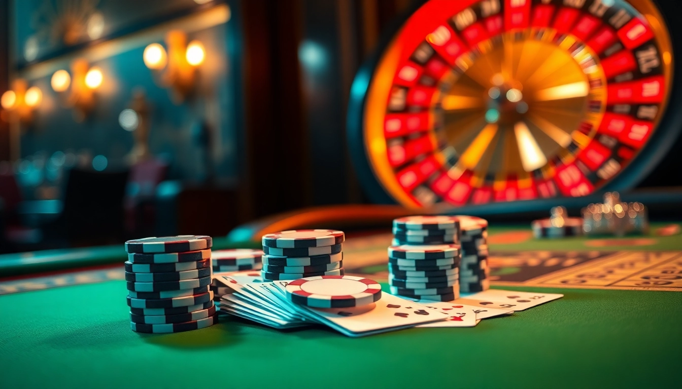 Experience an exhilarating poker game at l567 casino, showcasing vibrant chips and a lively roulette wheel.