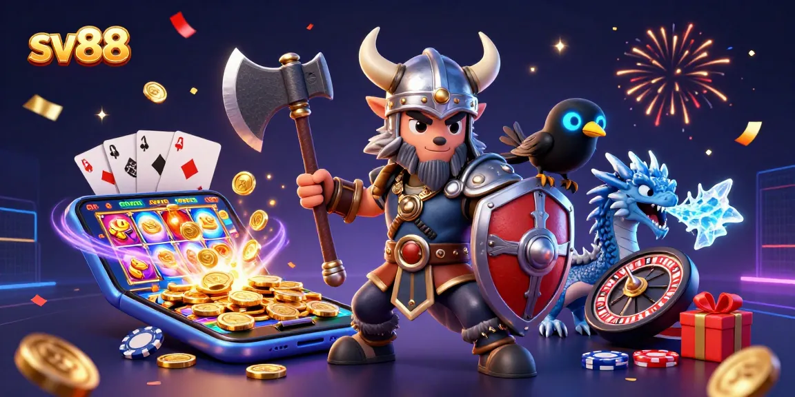 Experience thrilling gaming adventures at sv88 with a Viking warrior, dragon, and dynamic casino elements.