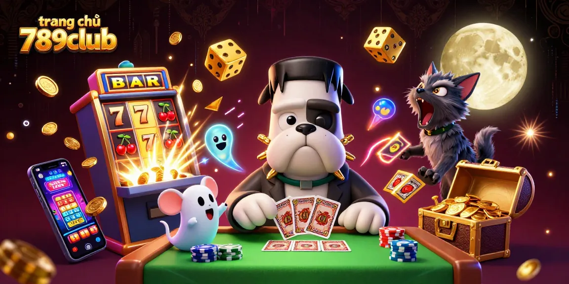 Experience the excitement at trang chủ 789club with a 3D illustration of a monster dealer and magical casino elements.