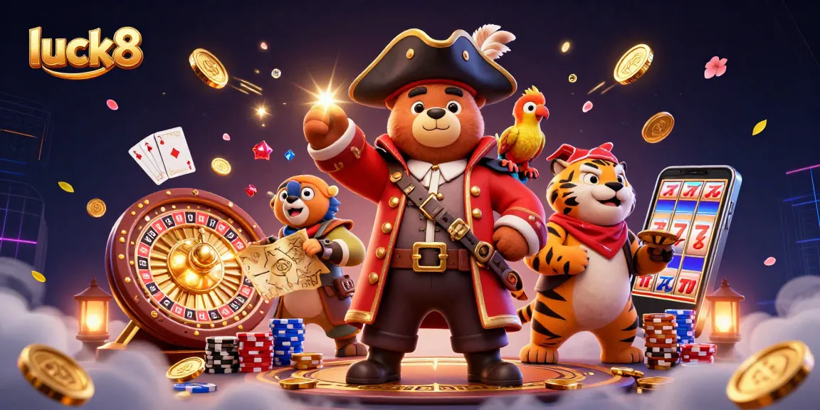 Experience thrilling luck8 adventures with a pirate captain bear, treasure, and sparkling casino elements.