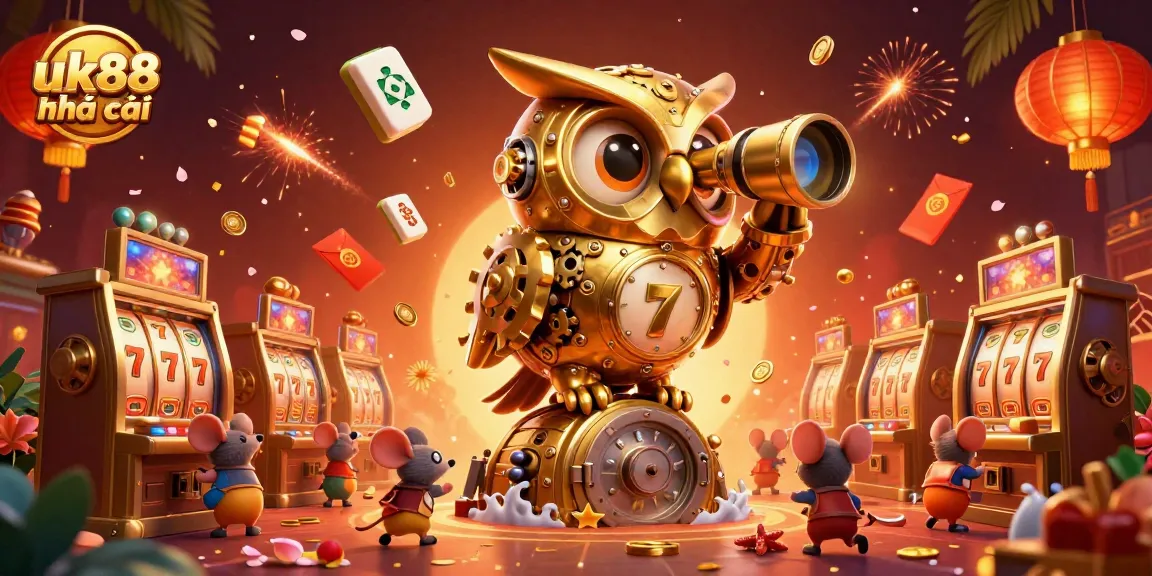Spin slot machines with vibrant characters in a rich uk88 nhà cái casino illustration, showcasing festive elements.