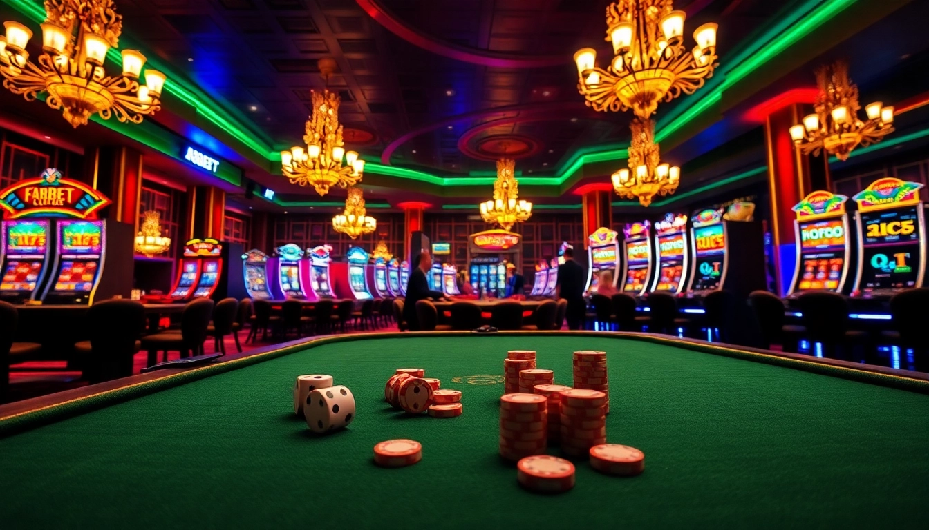 Engaging gamblers in a vibrant casino setting with F8BET, showcasing flashy slot machines and poker excitement.