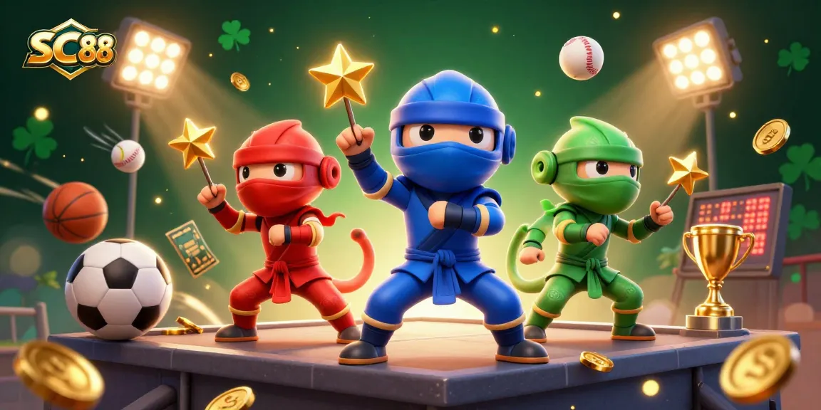 SC88 showcases a team of ninja chameleons in vibrant martial arts poses amidst dynamic sports elements.