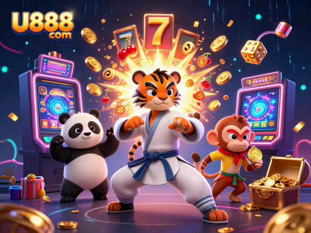 Experience the thrill at U888 com with a vibrant 3D casino scene featuring a kung fu tiger, panda, and monkey.