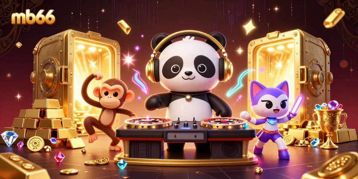 Engage in thrilling gameplay at mb66 with a vibrant 3D casino experience showcasing DJ panda, dancing monkey, and glowing kitten.