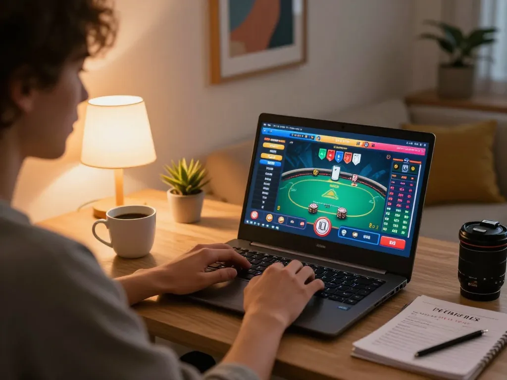 Person joyfully playing lc 88 poker online, showcasing strategic gameplay in a cozy home setting