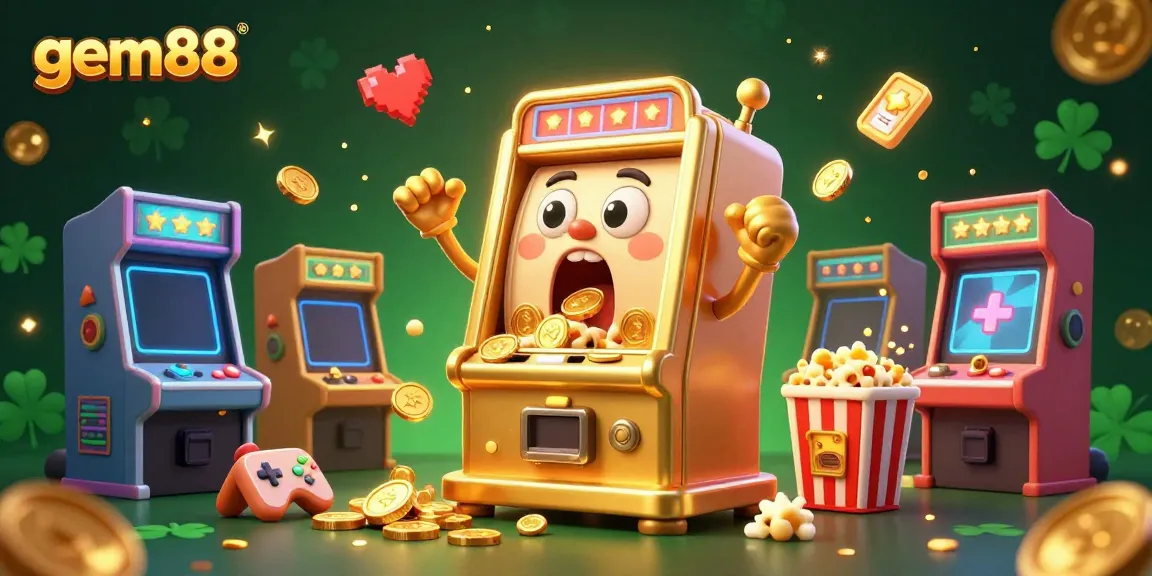Experience excitement at gem88 with a dynamic scene of a golden slot machine hitting a jackpot, surrounded by cheering baby slots.