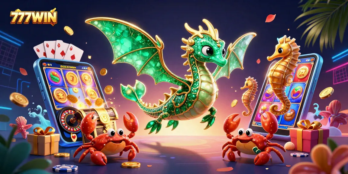 Experience 777WIN with a vibrant 3D showcase of exciting slot games and treasures.