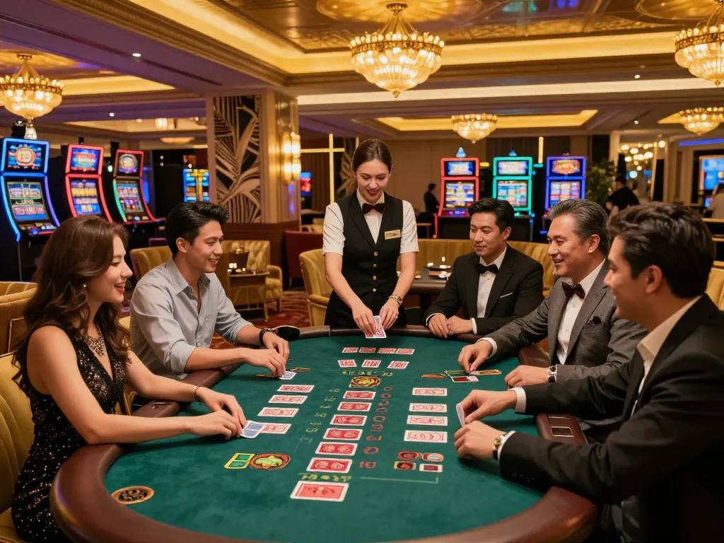 Players enjoying high-stakes blackjack at 23bet casino, showcasing excitement and strategy in a luxurious setting
