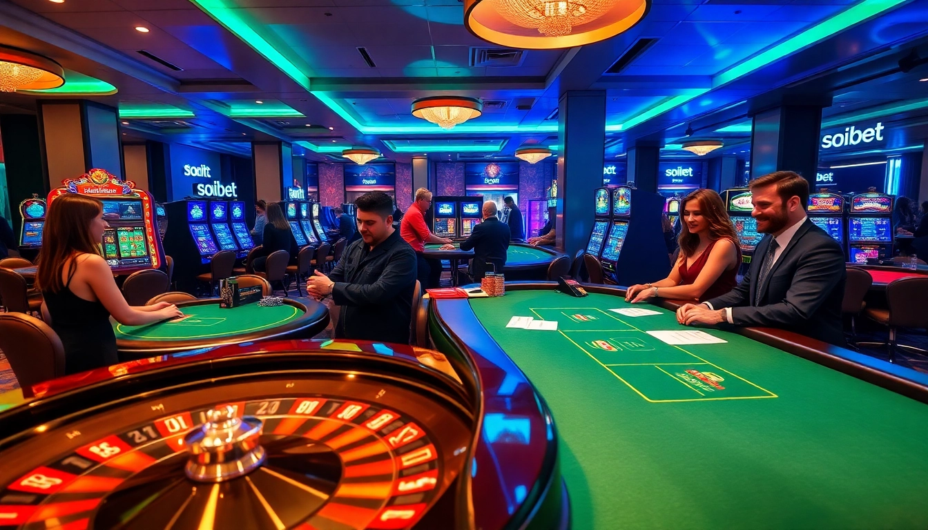 Experience the thrill of gambling at a Soibet casino, featuring vibrant tables and excited players.
