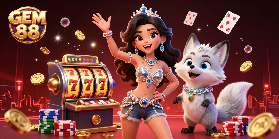 Experience the excitement of GEM 88 as glamorous casino slots, gold coins, and vibrant poker cards come to life.