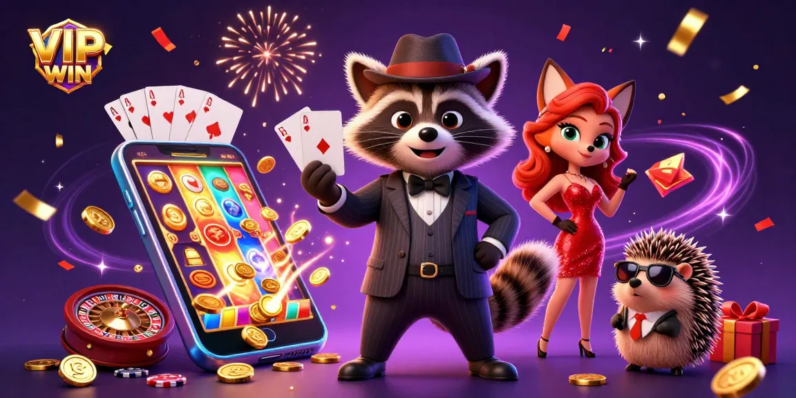Play and win with VIPWIN at this vibrant casino scene featuring dynamic characters and games.