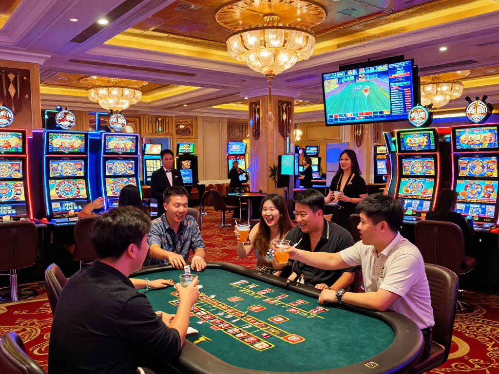 Enjoy a lively atmosphere at vin88 casino with friends celebrating at gaming tables.