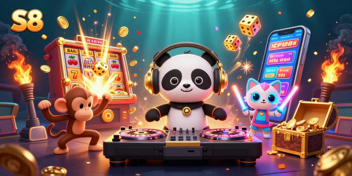S8 slots and jackpot celebration with vibrant characters and casino elements