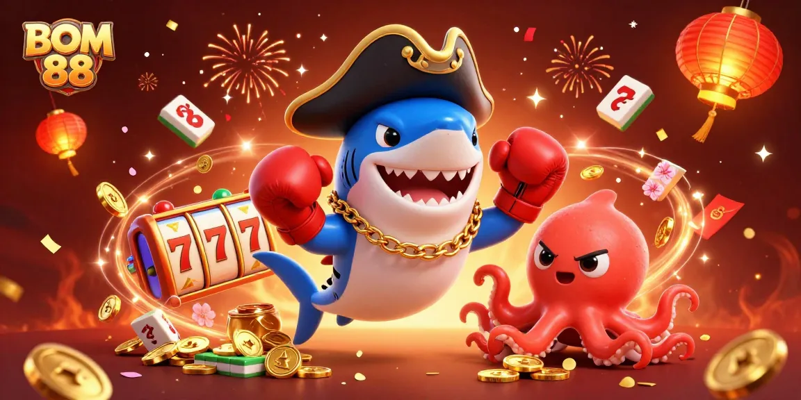 Experience BOM 88's thrilling gaming adventure with cartoon characters and vibrant casino elements.