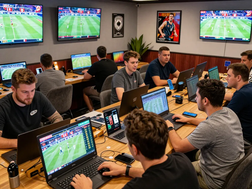 Engaging sports betting scene at thể thao 33win with bettors analyzing odds on devices.
