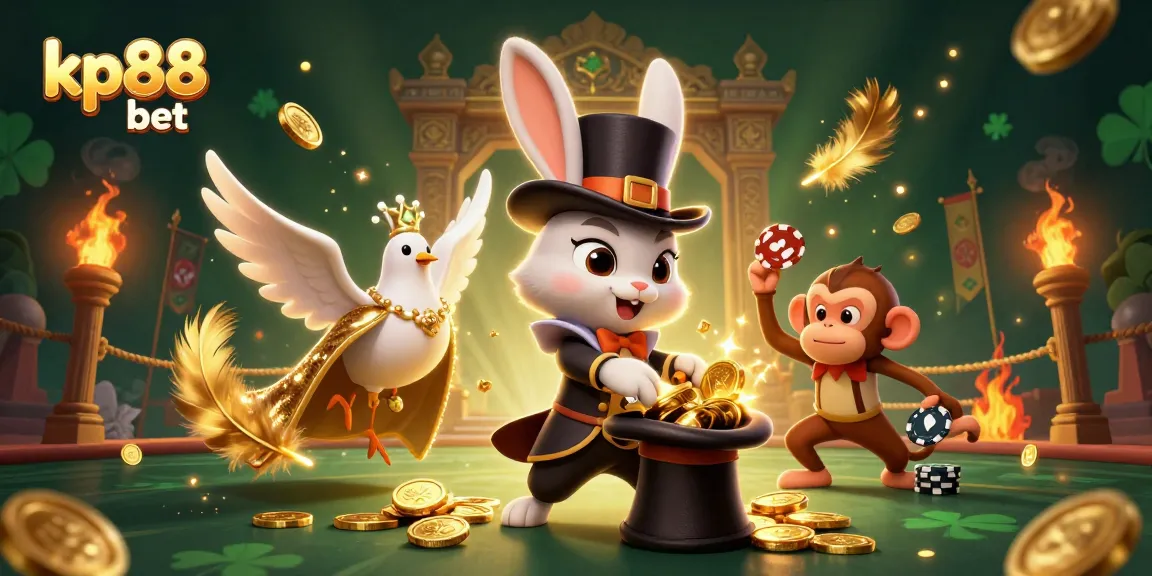 Engage with kp88 bet in a vibrant casino scene featuring a magician rabbit, an elegant dove, and a playful monkey.