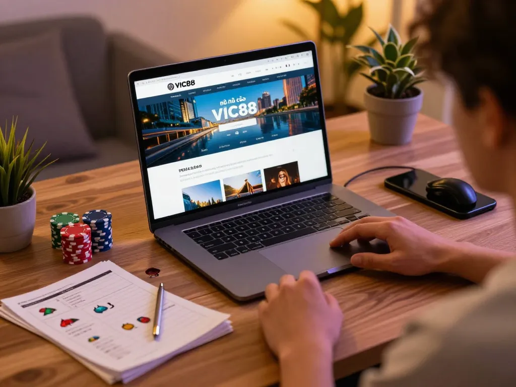 Engaging scene of an online gaming setup featuring nhà cái VIC88, with a laptop showing the casino platform and gaming accessories.