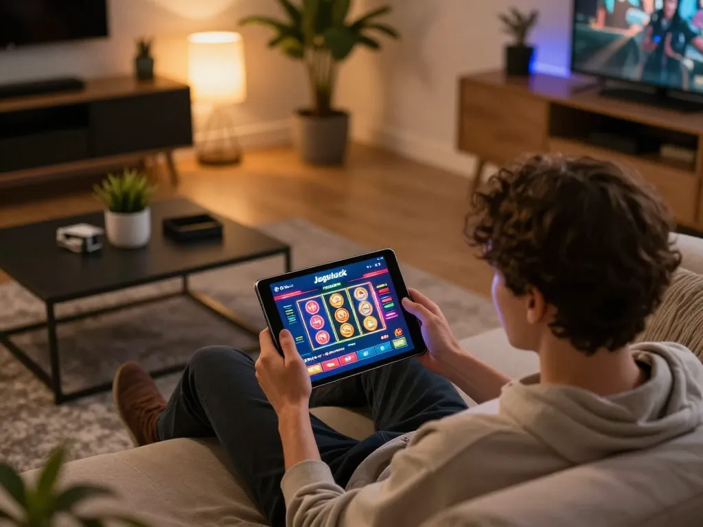 Person enjoying online gaming on Jogoluck platform, showcasing tablet interface in stylish living room.