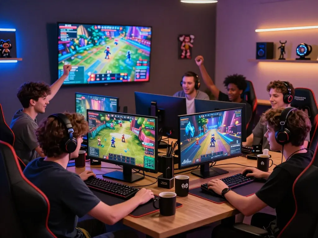 Exciting online gaming interaction at AQ777 with players celebrating wins and sharing strategies in a cozy setup.