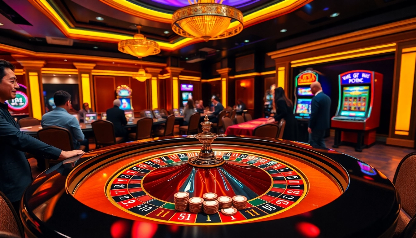 Engaging players at the MB66 casino explore exciting games with colorful chips and roulette wheels.