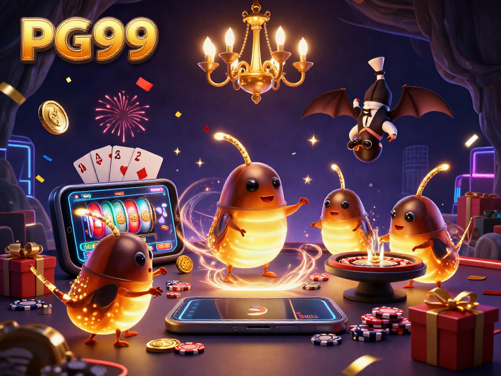Engage with PG99’s exciting gaming atmosphere lit by glowworms in a vibrant casino.