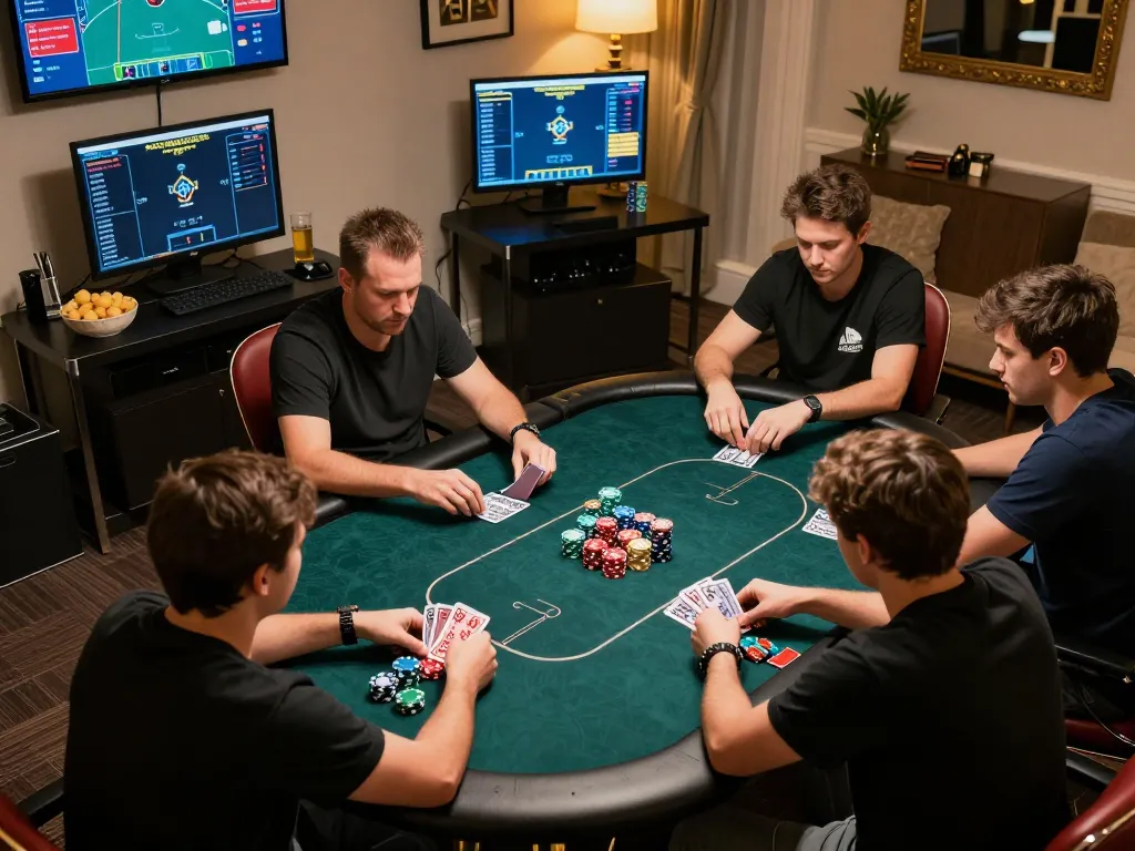 Players engaged in a strategic poker match on 99ok, showcasing chips and high-tech screens.