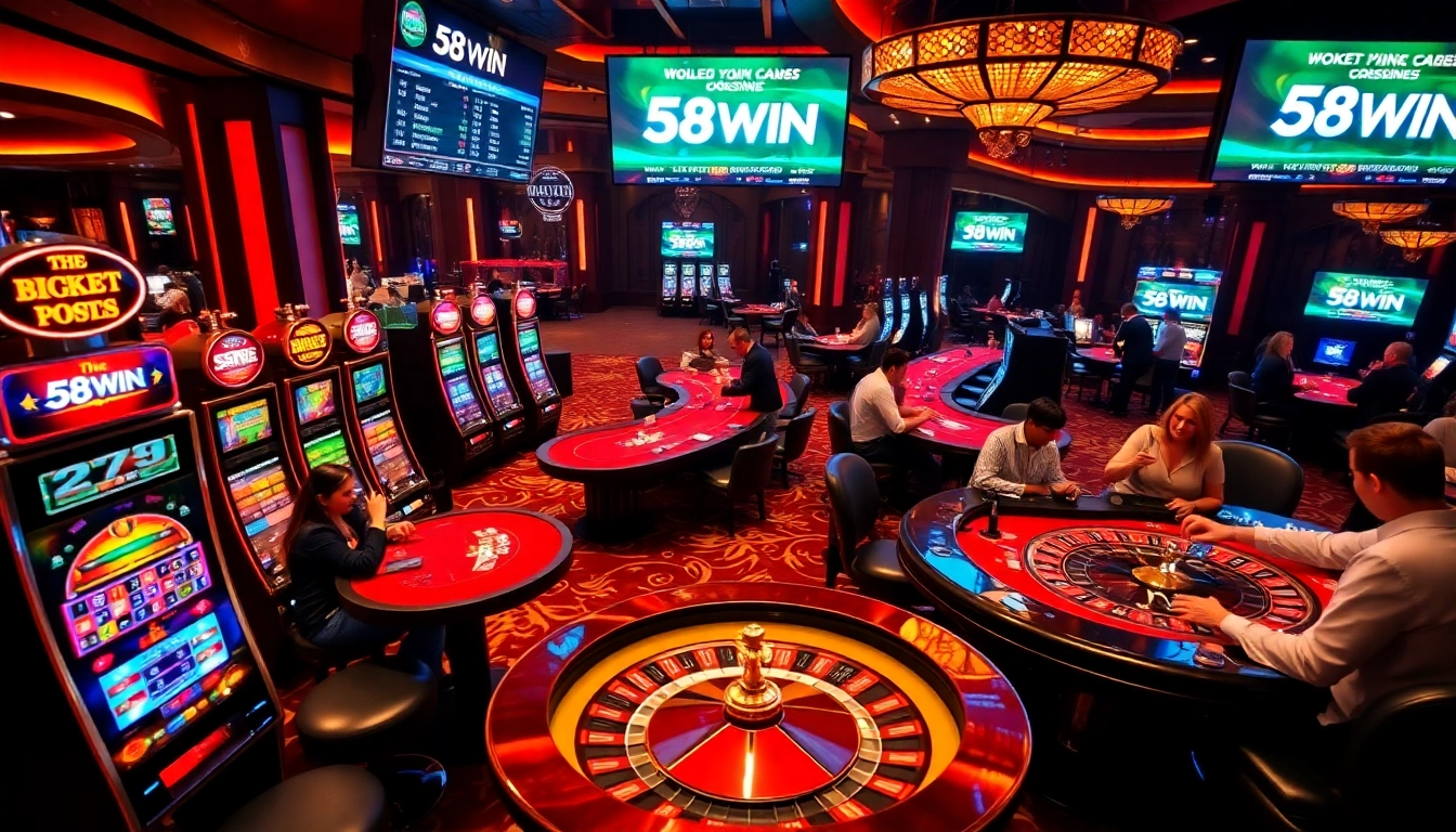 Experience the thrilling atmosphere of 58WIN with vibrant slots and poker tables.