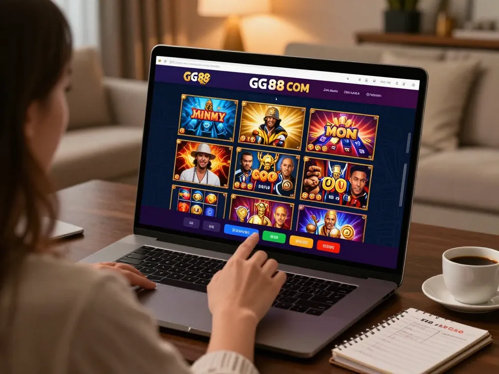 Person engaging with GG88 COM slot games on a sleek tablet at home in warm lighting.