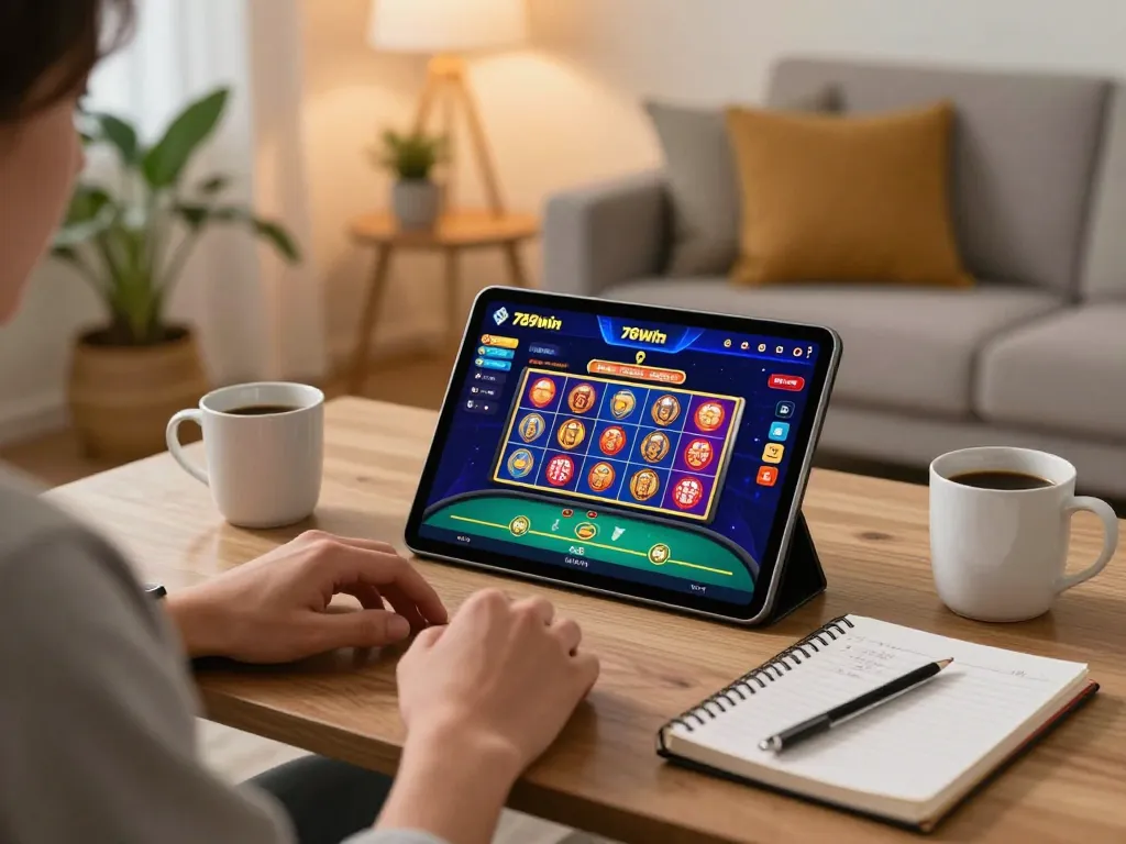 Person enjoying online gaming on 789win com app, showcasing vibrant slots and poker graphics